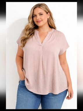 NWT Jones & Co Womens 2X Shimmery Peasant Boho Short Sleeves V-Neck Pink Top